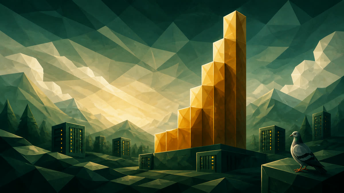 A faceted golden bar tower rises over an emerald data-center landscape while a small gray pigeon watches from a foreground ledge.