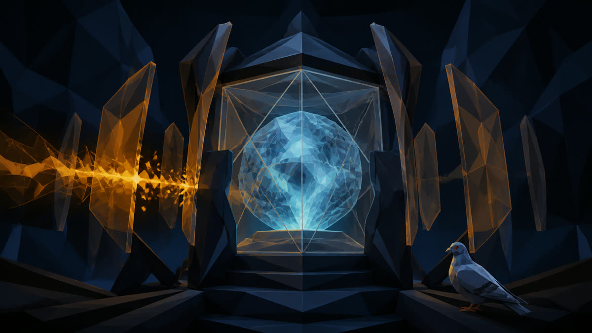 A blue crystalline intelligence core sits sealed in a faceted glass chamber as an amber training beam breaks against its defenses; a small pigeon watches from the lower right.