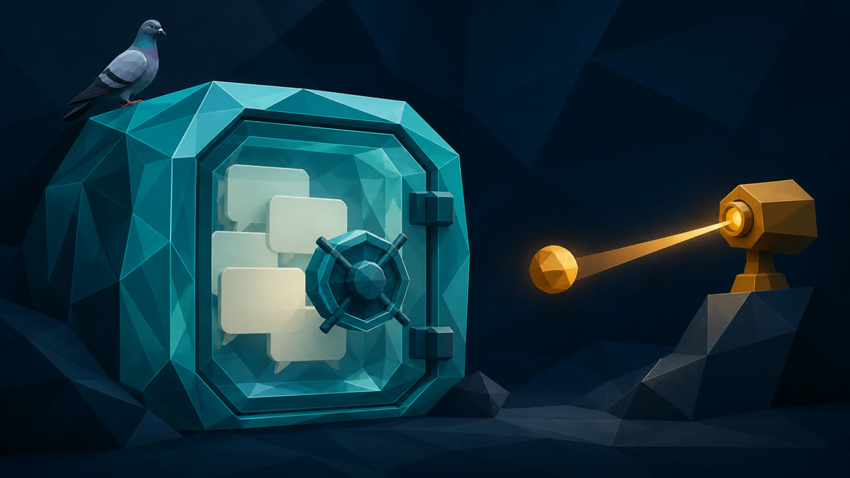 A low-poly pigeon perches on a teal crystalline vault holding blank conversation cards as an amber sensor receives only a small glowing safety signal.