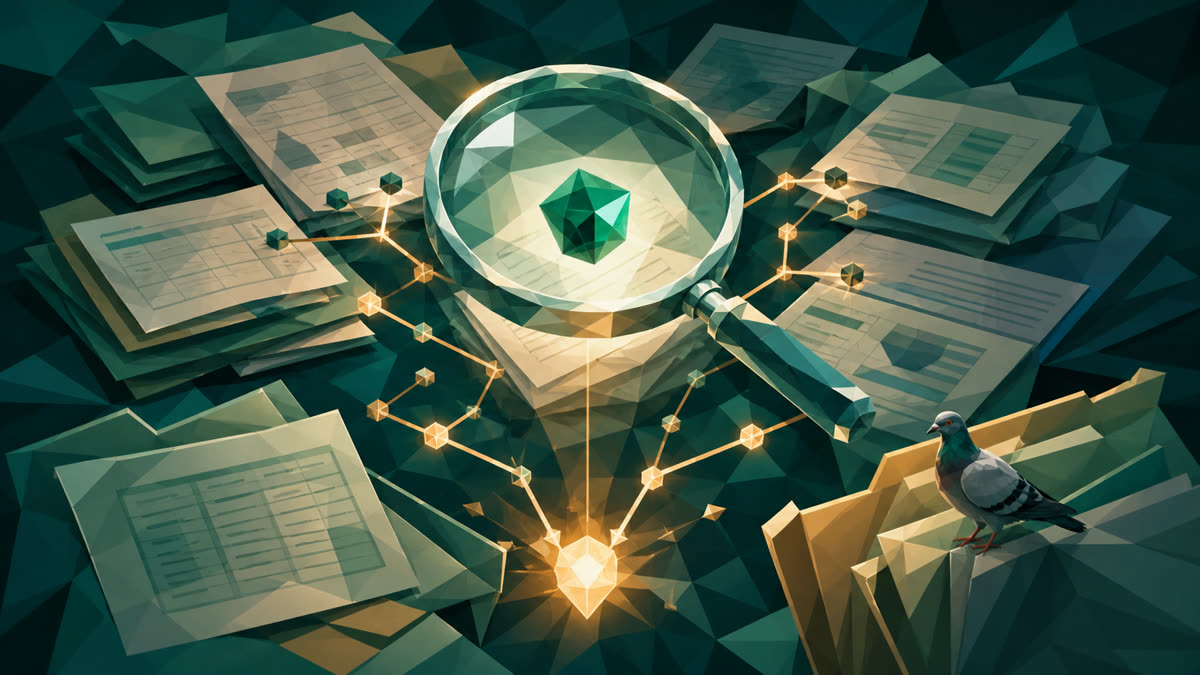 A faceted magnifying glass traces glowing evidence paths across layered documents toward a clear result, while a small pigeon perches on a folder at lower right.