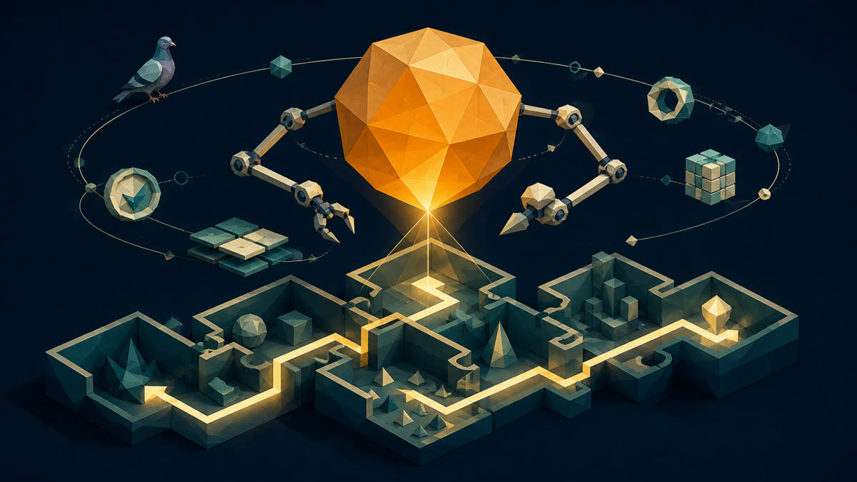 A faceted amber navigation core guides a glowing path through dark teal puzzle chambers, surrounded by tool arms, memory tiles, and an orbit where a small pigeon perches.