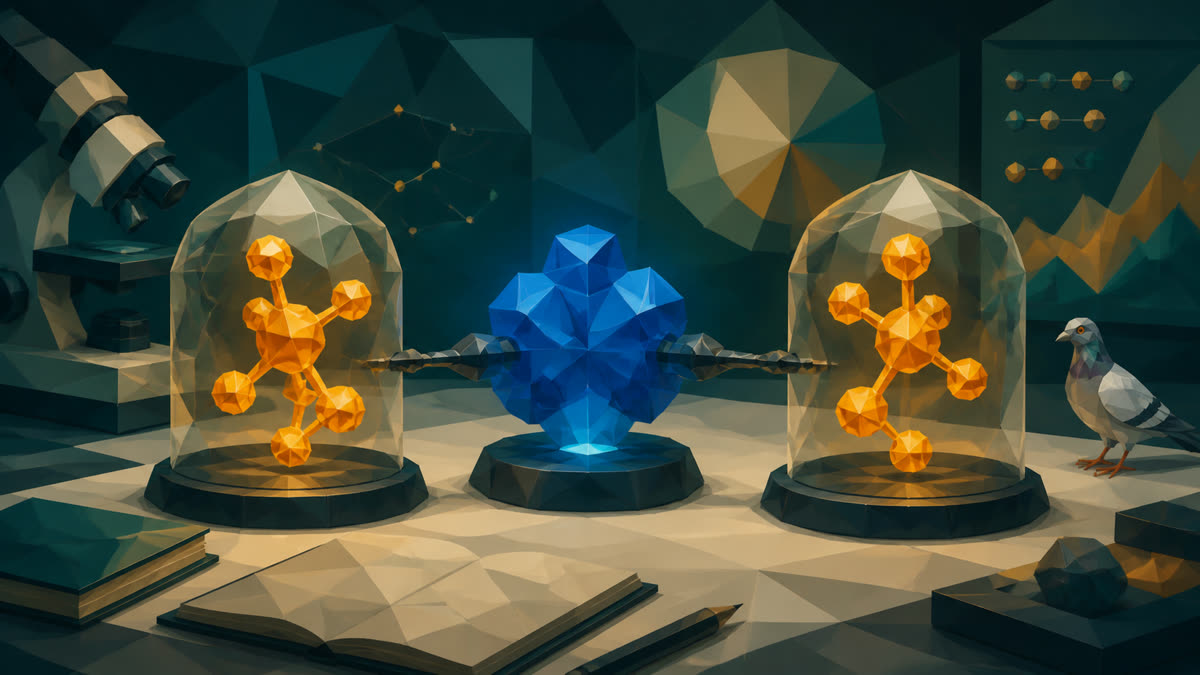 A faceted blue AI research core compares matching amber molecular structures under glass in a deep-teal laboratory, while a small pigeon watches from the right.