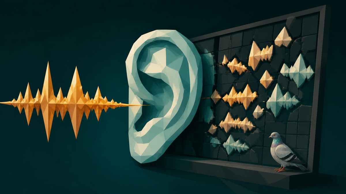 A faceted teal ear receives an amber sound wave beside a fractured grid of mismatched waveforms, while a small pigeon perches on the frame.