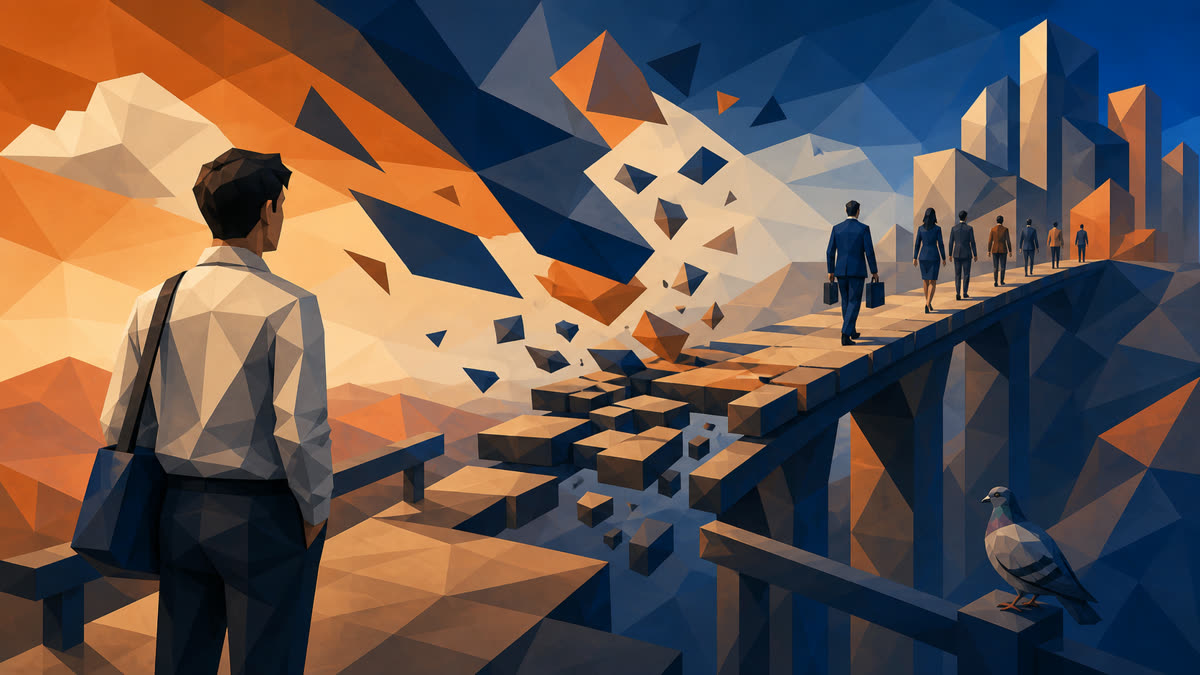 A young worker faces a crumbling geometric career bridge while established workers continue toward a city; a small pigeon perches on the lower-right railing.
