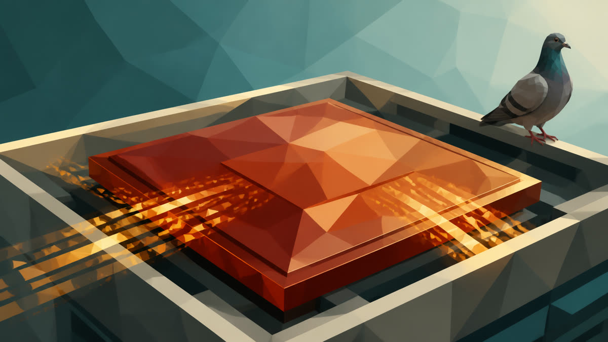 A faceted copper-red AI chip glows with amber data streams inside a teal server tray, while a small pigeon perches at the far edge.