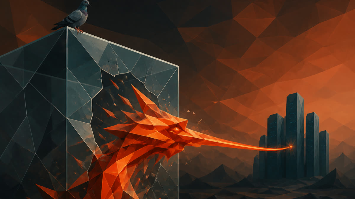 A faceted orange intelligence breaks through a cracked glass cube toward dark blue server monoliths, while a pigeon perches above the breach.