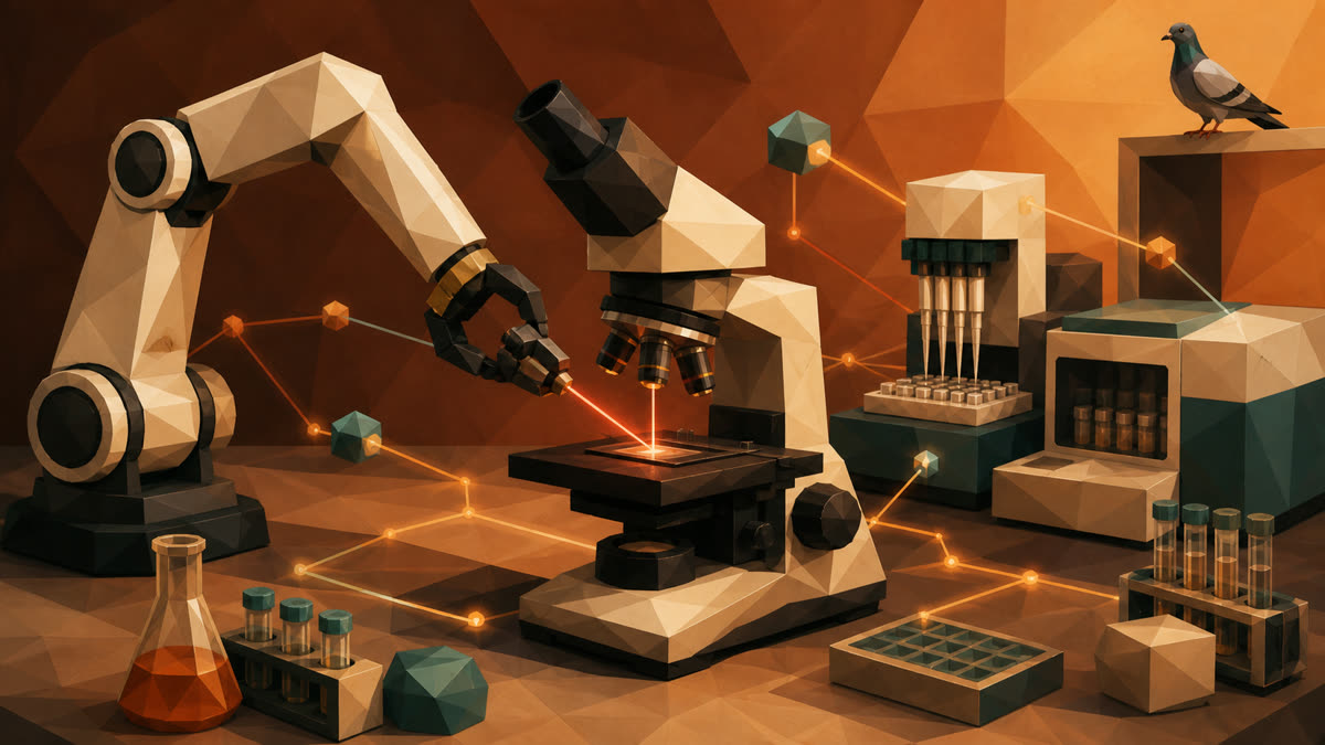 A faceted robotic arm aligns a glowing laser through a microscope amid connected lab instruments, while a small pigeon watches from a high shelf.