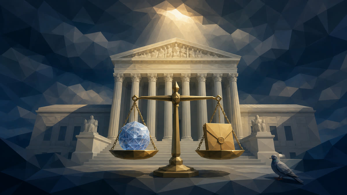 Low-poly courthouse under a beam of light, with balanced scales holding a crystalline AI core and sealed dossier; a small pigeon stands on the steps.
