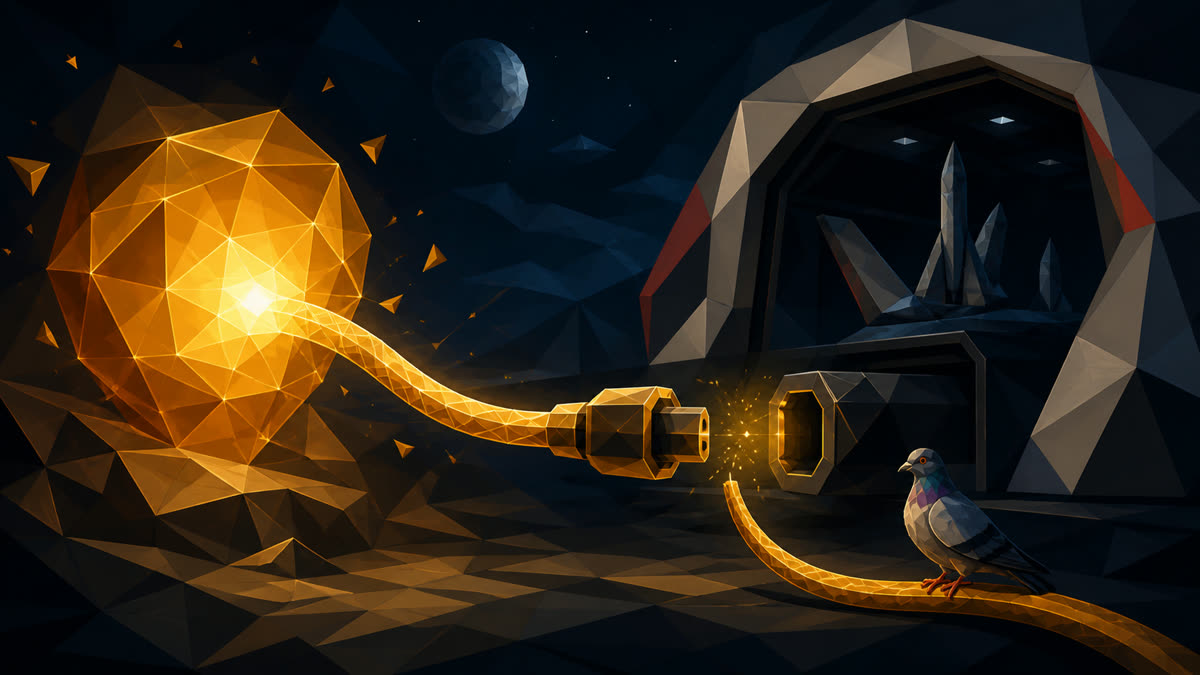 A glowing amber intelligence core unplugs its data cable from a dark spacecraft hangar, while a small faceted pigeon perches on a second cable.