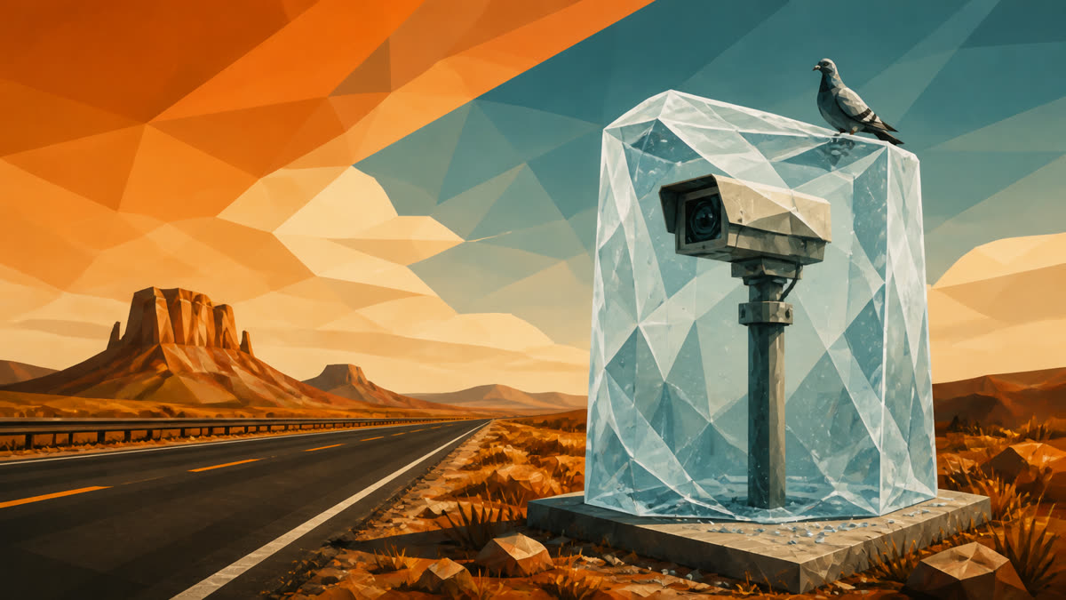 A faceted roadside surveillance camera stands frozen inside a clear ice block beside a burnt-orange Texas highway, while a small pigeon perches on top.