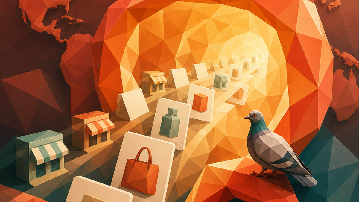 A faceted orange speech-bubble portal opens onto a global marketplace of blank product cards and tiny shops, while a low-poly pigeon perches at the edge.