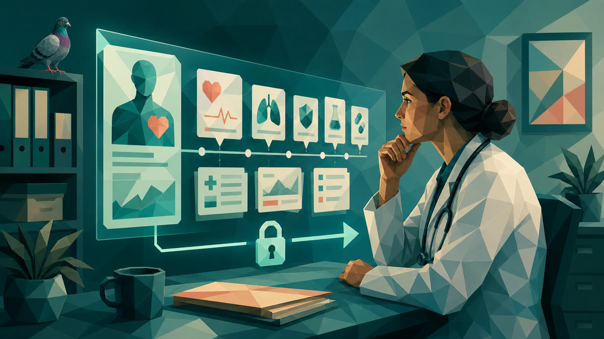A doctor studies a faceted patient timeline behind a read-only lock and arrow, while a small pigeon perches on a filing shelf in a teal clinic.