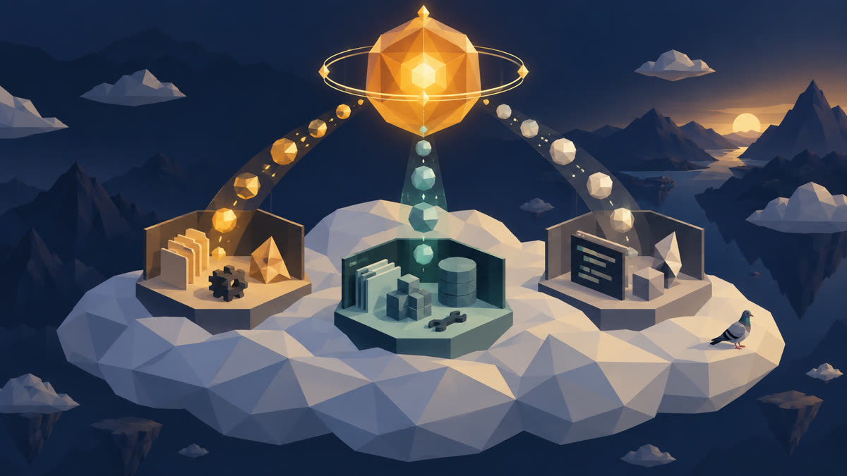 A glowing amber orchestration hub routes three streams of tasks into isolated workspaces on a faceted cloud platform, with a small pigeon perched at the lower right.