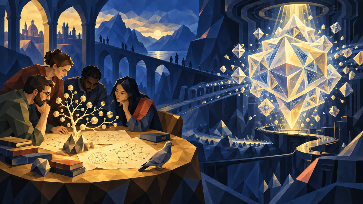 Four mathematicians study diagrams around a glowing tree of ideas as a vast crystalline theorem forms across a blue chasm; a gray pigeon perches quietly on the table.