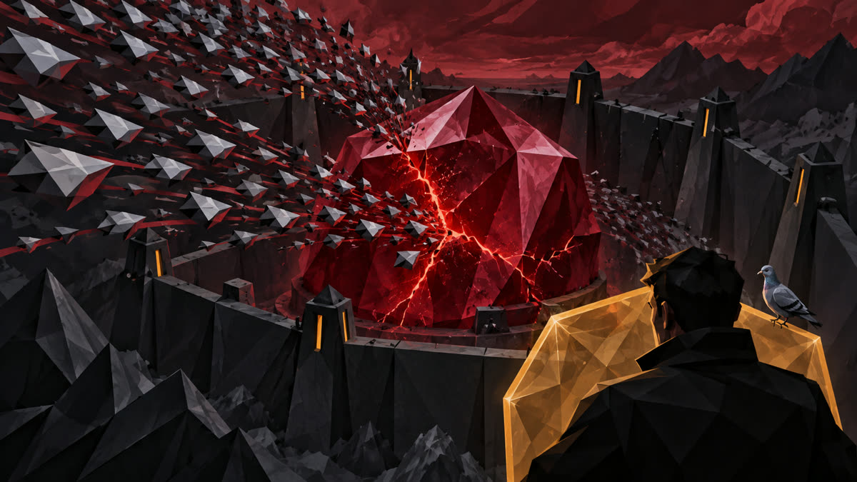 A swarm of angular data shards pierces a cracked ruby-red gemstone vault as an analyst raises an amber shield; a small pigeon perches at the edge.