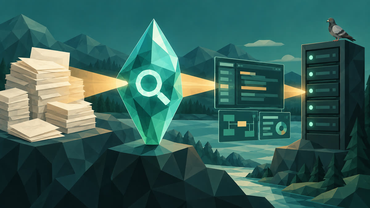 Low-poly teal search prism sends an amber beam from document stacks through a software workspace to monitored servers, with a small pigeon perched on top.
