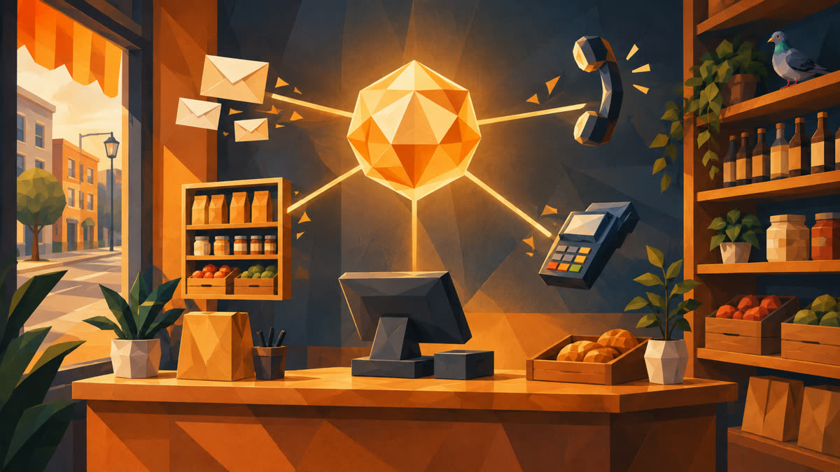 A glowing faceted control core directs email, phone, and payment tools above a warm orange shop counter, while a small gray pigeon perches on a shelf.