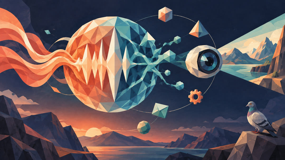 A faceted coral-and-teal acoustic orb sends layered speech waves toward a crystalline eye over an indigo mountain landscape, while a small pigeon perches on a rock.