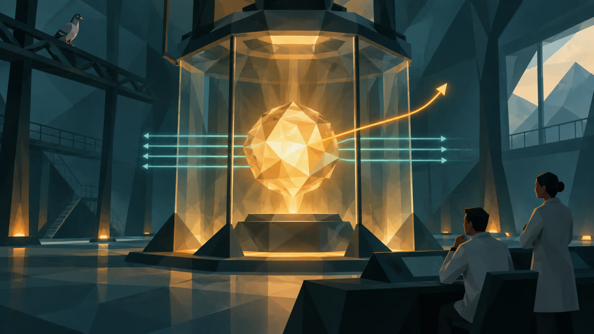 Two researchers observe a faceted amber model core in a glass chamber as one path bends away from teal guide rails; a pigeon perches quietly above.