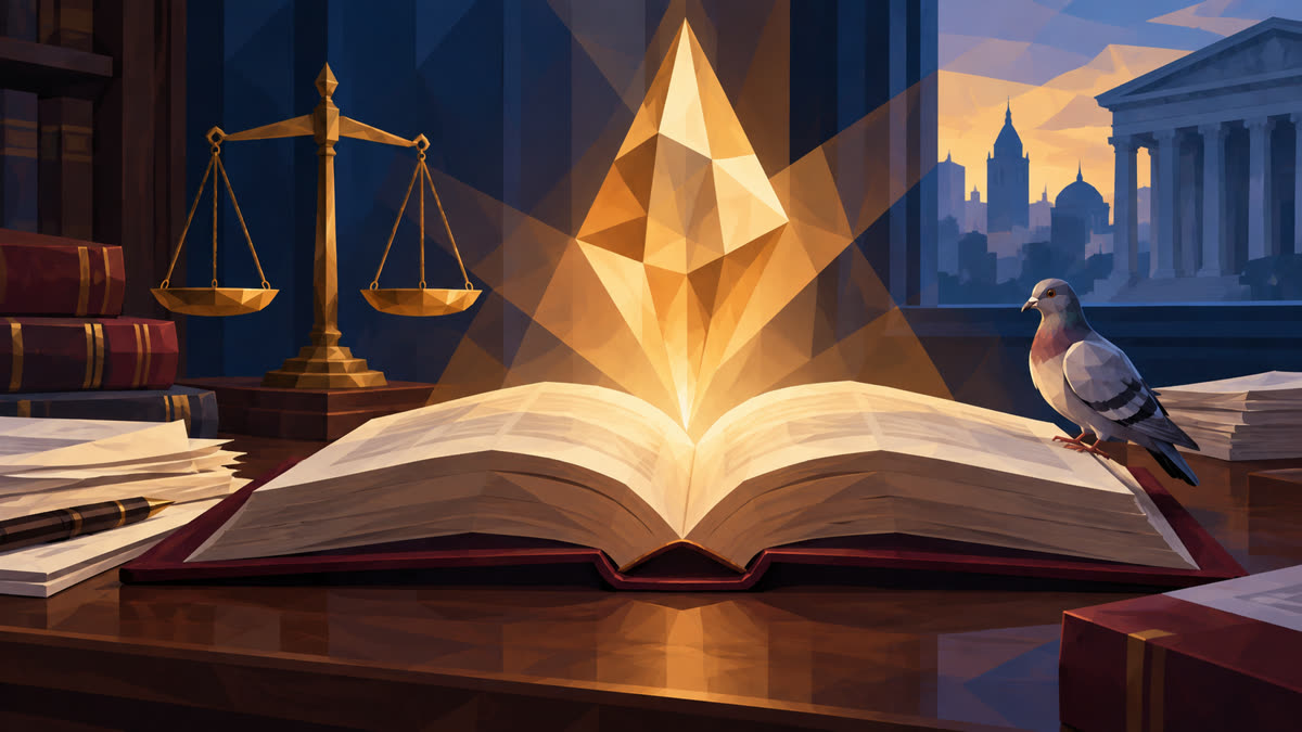 A faceted amber prism rises from an open law book beside brass scales, while a pigeon perches at the desk edge against a deep cobalt city and courthouse.