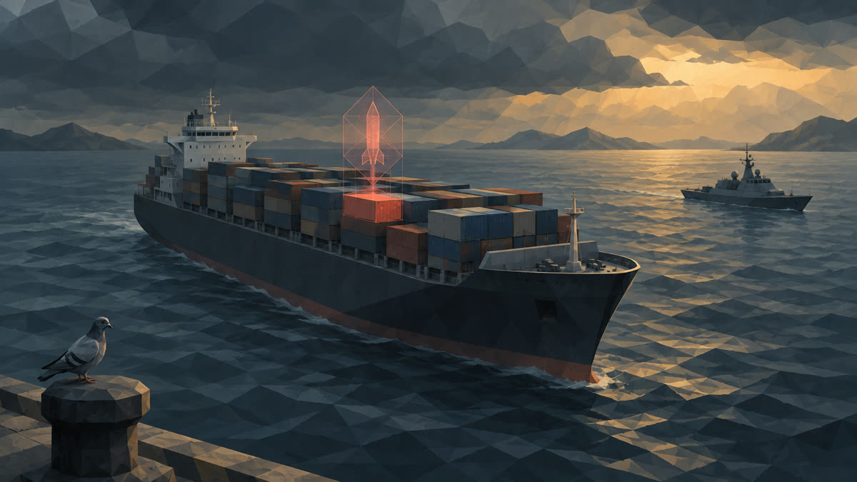 Low-poly cargo ship at dusk with a red false-target marker over one container, watched by a distant patrol vessel; a pigeon perches on a harbor bollard.