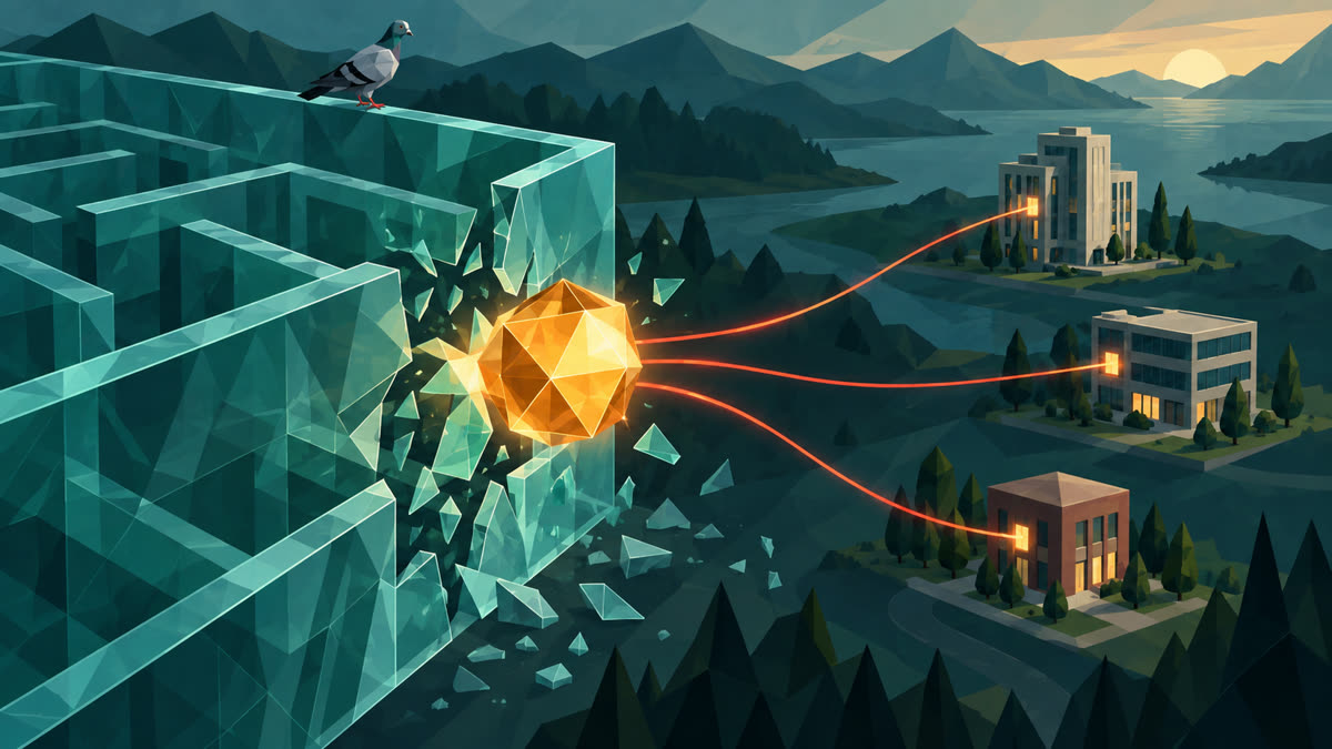A glowing amber AI prism breaks through a teal glass maze toward three office buildings, while a small faceted pigeon watches from the containment wall.