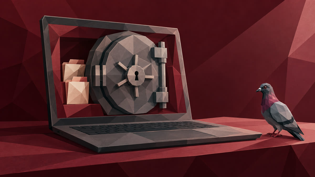 A faceted laptop holds a locked vault door beside private folders, with a small gray pigeon on the desk against a burgundy backdrop.