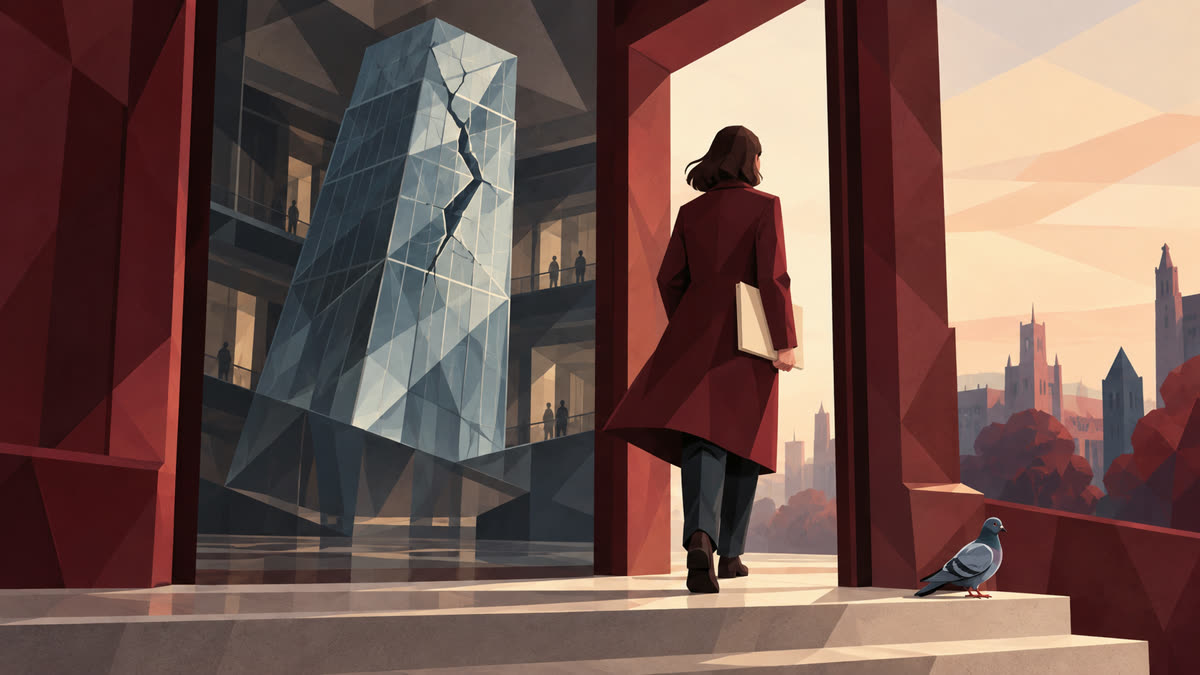 A professional carrying a cream folder leaves a burgundy research building with a cracked glass tower inside; a small gray pigeon stands on the doorstep.