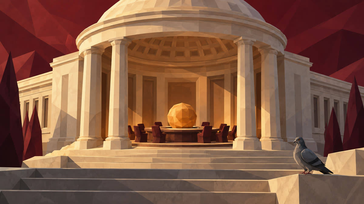 An amber faceted sphere sits on a council table inside a sandstone government rotunda against a burgundy sky, with a gray pigeon perched on the foreground steps.