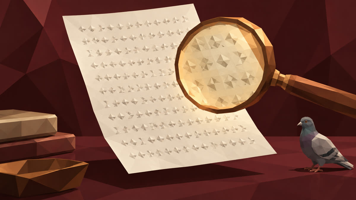 An amber magnifying glass reveals geometric patterns on an ivory sheet above a burgundy desk, with a small gray pigeon standing at the lower right.