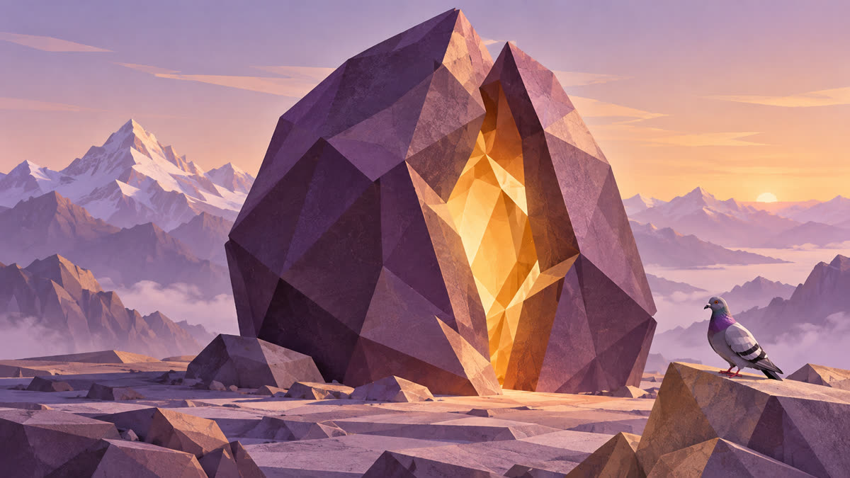 A faceted aubergine stone monolith opens around a glowing amber core on a lavender alpine plateau, with a grey pigeon perched on a foreground ledge.