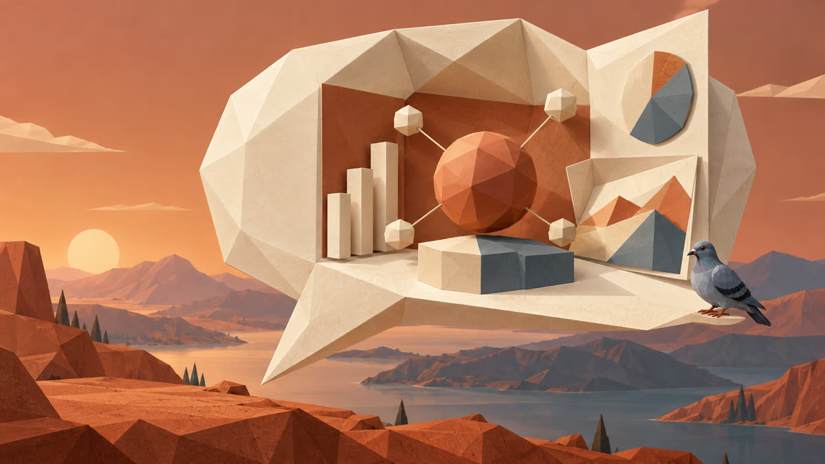 An ivory faceted speech bubble opens into sculptural charts around a terracotta sphere above a warm mountain lake, with a gray pigeon perched on its lower-right edge.
