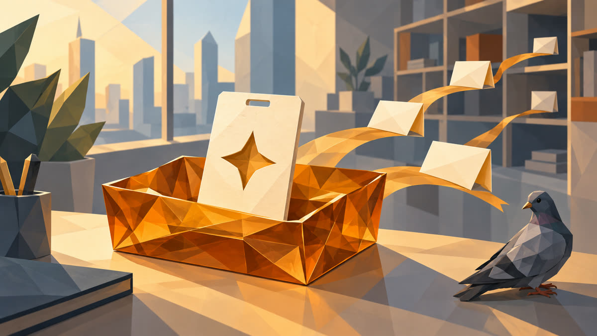 An ivory identity badge stands in a faceted amber inbox as blank envelopes follow golden ribbons through an office; a small gray pigeon perches on the desk.