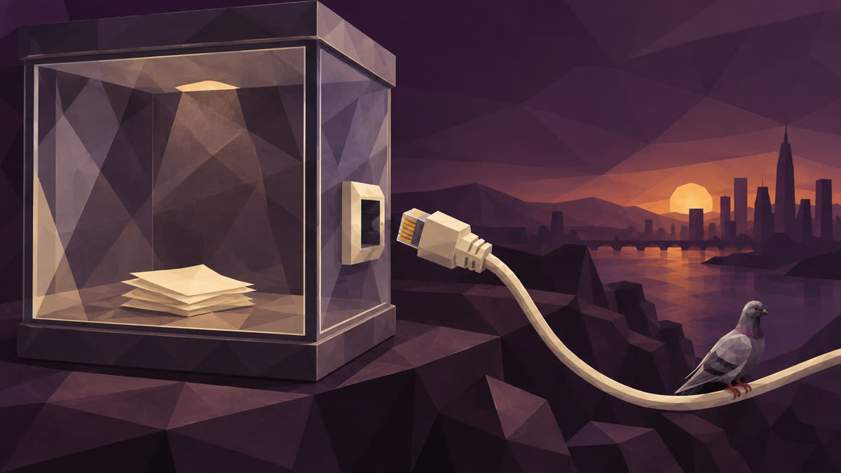 An unplugged ivory network cable hangs beside a glass chamber holding blank papers, with a pigeon perched on the cable and a distant city under a plum-colored sky.
