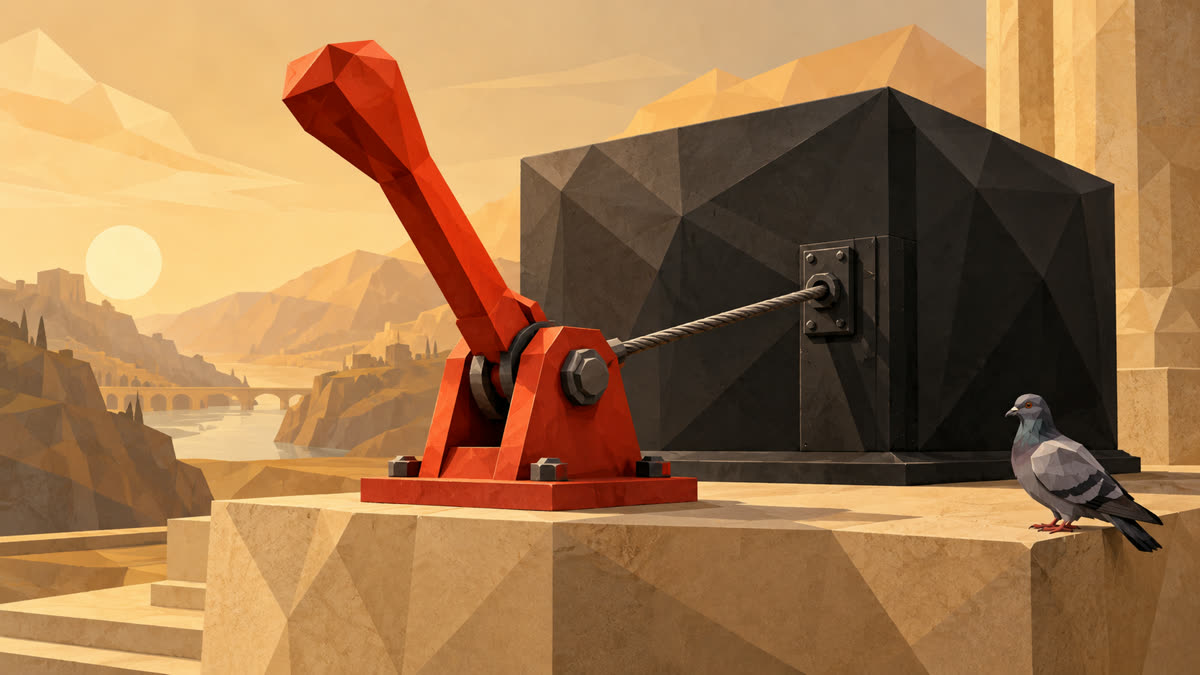 A faceted red brake lever connects by cable to a sealed black box on a sandstone terrace, with a small gray pigeon perched at the right edge.
