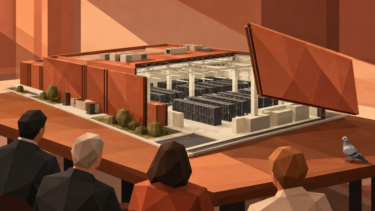 A terracotta data-center model opens to reveal server racks as four people watch across a meeting table, with a small grey pigeon perched at the right edge.